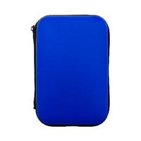 a blue suitcase is sitting on a white surface a blue suitcase is sitting on a white surface